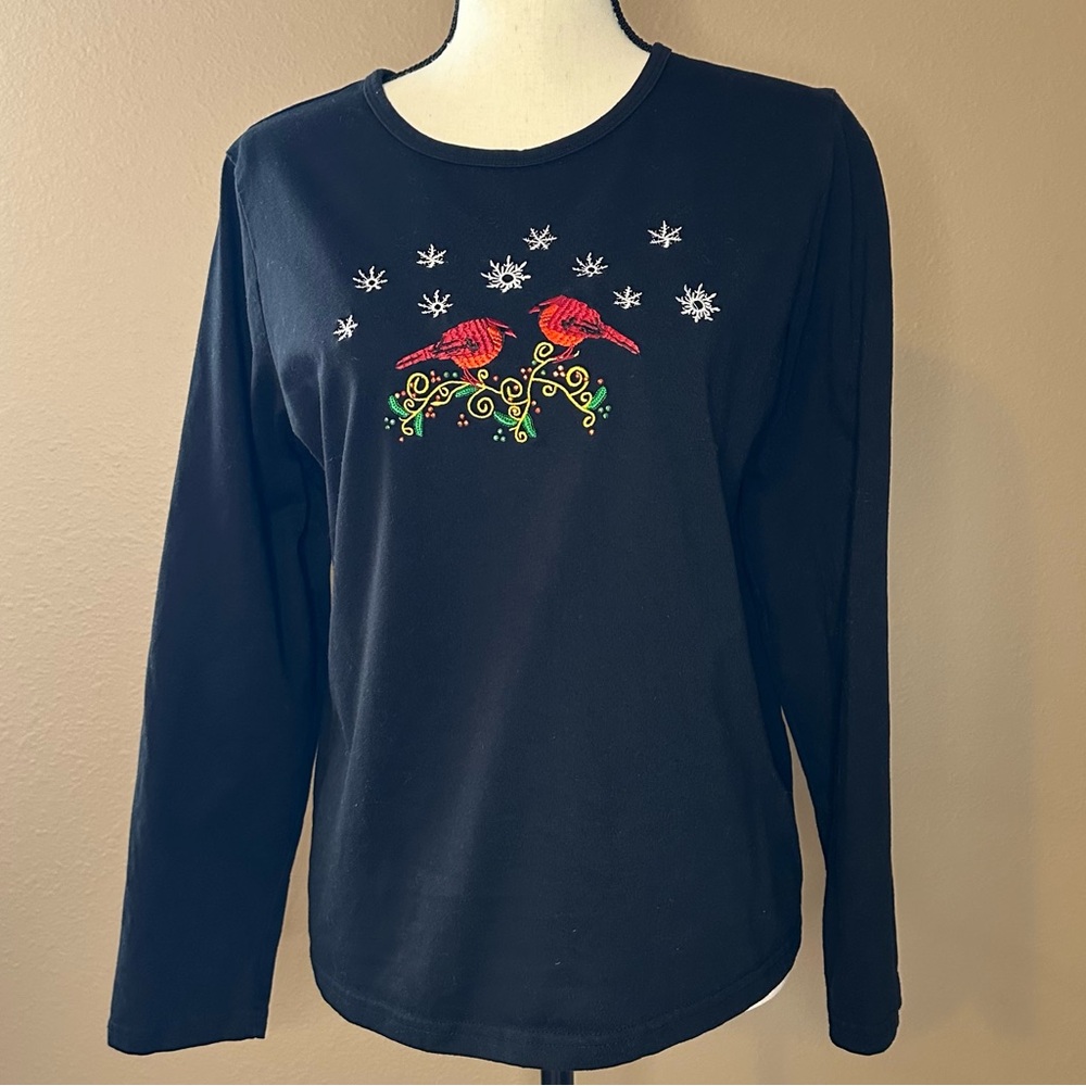Holiday Editions Embroidered Black Long Sleeve Top with Red Cardinals Size LG